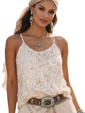 NWT Gold Hawk White Sequin Top